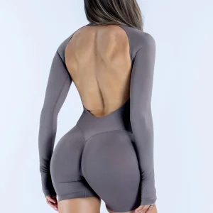 Long Sleeve One Piece Women Seamless Yoga Jumpsuit Backless